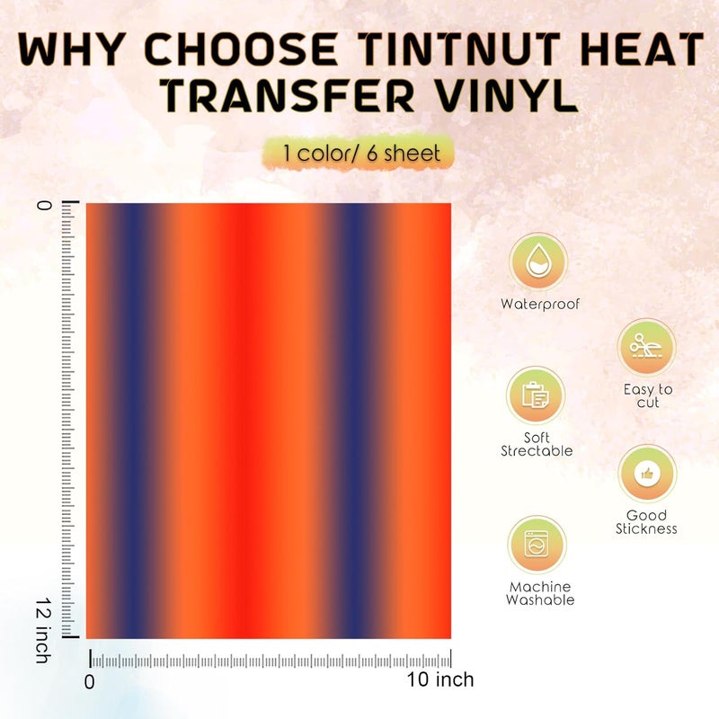 Tintnut Gradient HTV Vinyl - 6sheets 12 x 10 Inches Red Blue Ombre HTV Iron on Vinyl Gradient Heat Transfer Vinyl for T-Shirts DIY Rainbow Patterned HTV Vinyl Compatible with Sillhoutte Cameo/Cricut - Image 2